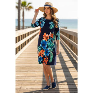 SOLD Tommy Bahama Navy Tropical Floral Elbow Sleeve Stretch Shift Dress Medium